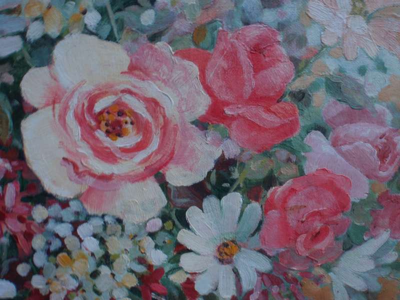 Beautiful, large original Liz Fitzhenry oil painting. Gorgeous still life of roses and daisies.