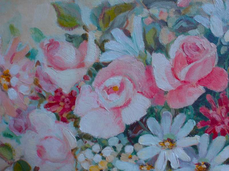 Beautiful, large original Liz Fitzhenry oil painting. Gorgeous still life of roses and daisies.