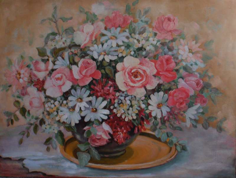 Beautiful, large original Liz Fitzhenry oil painting. Gorgeous still life of roses and daisies.