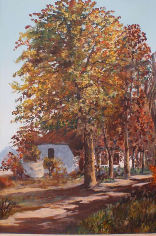 Original oil painting - signed S.E.Hanafey dated 1976. Impressionist farm house with tall trees.