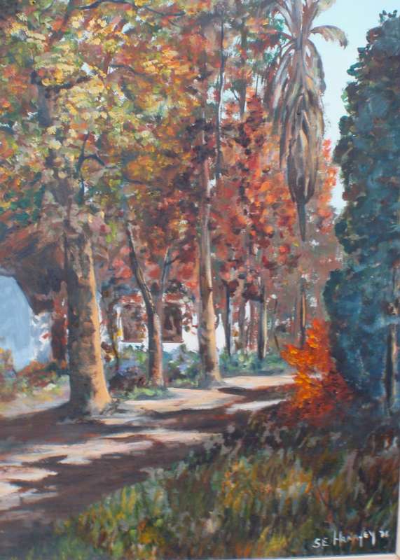 Original oil painting - signed S.E.Hanafey dated 1976. Impressionist farm house with tall trees.