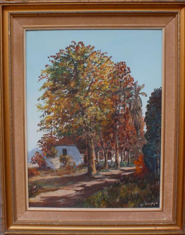 Original oil painting - signed S.E.Hanafey dated 1976. Impressionist farm house with tall trees.