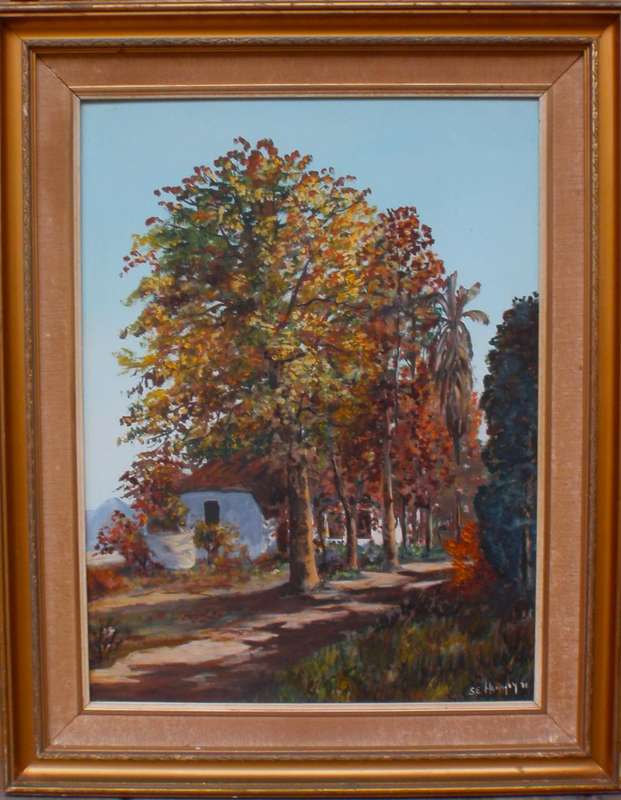 Original oil painting - signed S.E.Hanafey dated 1976. Impressionist farm house with tall trees.