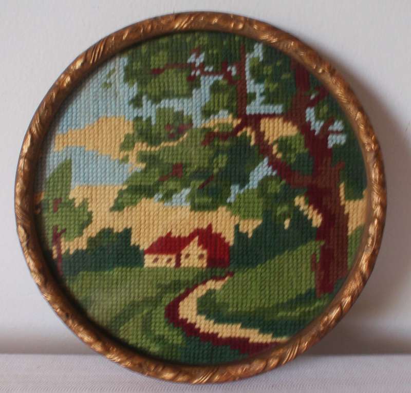 Vintage tapestry. Adorable little country cottage in ornate gilded frame. Absolutely charming.