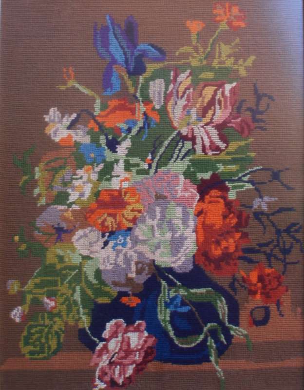 Exquisite still life tapestry. Beautiful detail of Arts & Crafts style art. Masterpiece in wool.