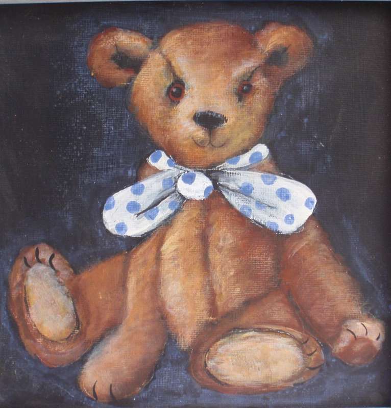 Teddy Bear portrait - adorable little original painting of Teddy Bear. Well framed - ready to hang.