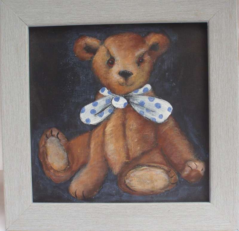 Teddy Bear portrait - adorable little original painting of Teddy Bear. Well framed - ready to hang.