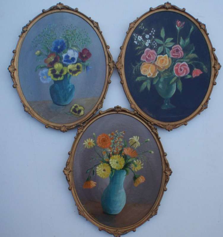 Vintage set of three flower painting. Beautiful delicate ornate frames.