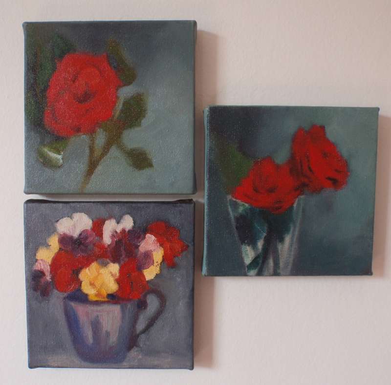 Three gorgeous original oil paintings. Pansies and roses still life. Lovely impressionist pieces.