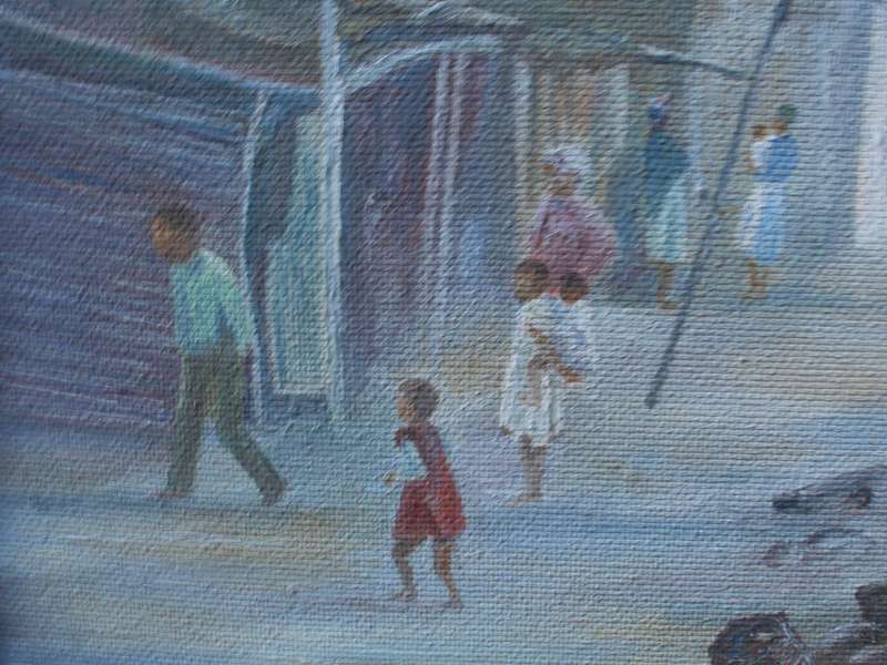 Vintage Original oil painting of  S.African township life in period frame.