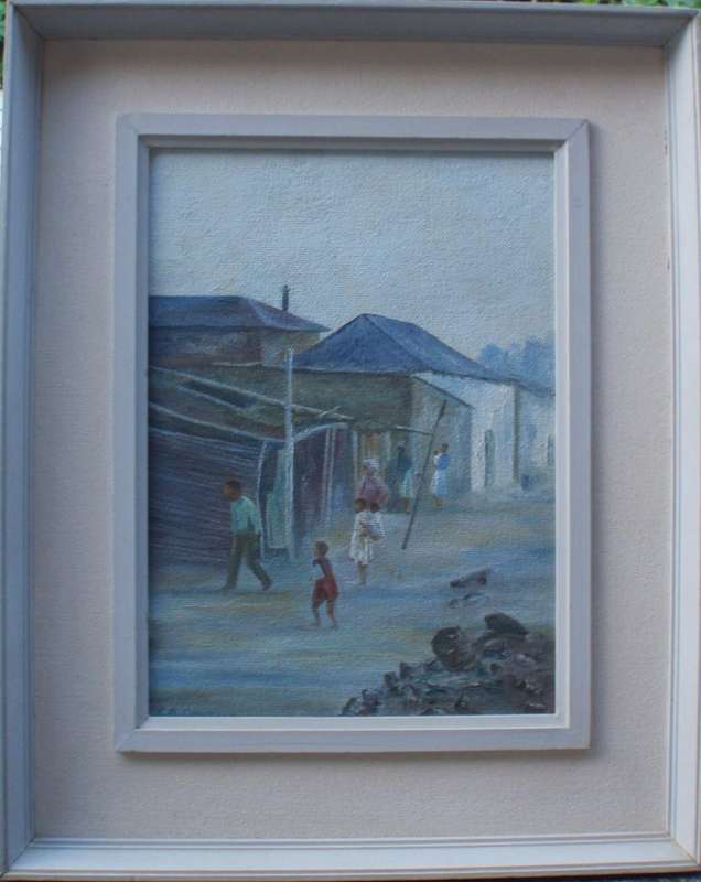 Vintage Original oil painting of  S.African township life in period frame.