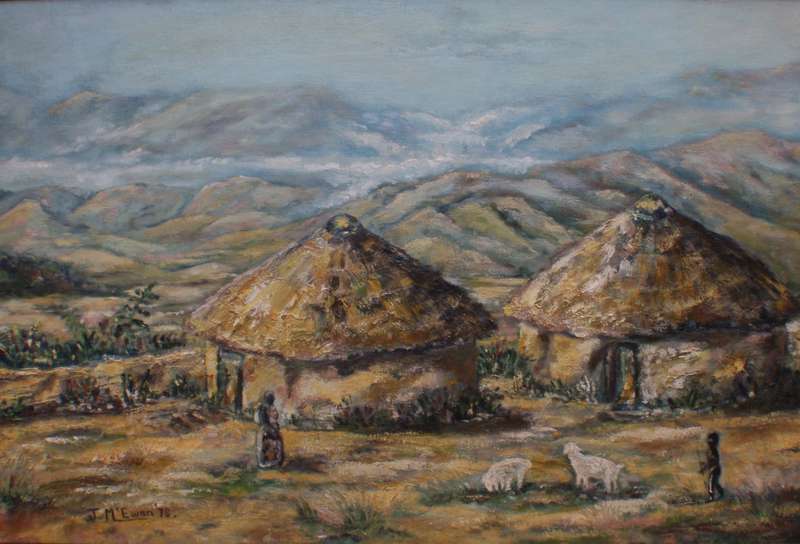 Vintage oil painting Valley of a Thousand Hills. Signed J.McEwan 1978. Kwa Zulu Natal African huts.