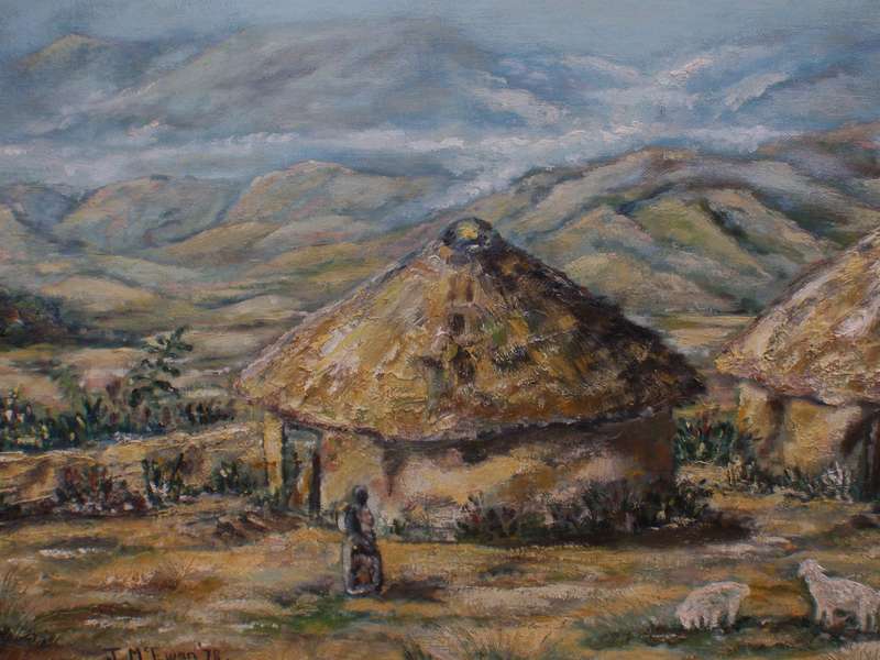 Vintage oil painting Valley of a Thousand Hills. Signed J.McEwan 1978. Kwa Zulu Natal African huts.