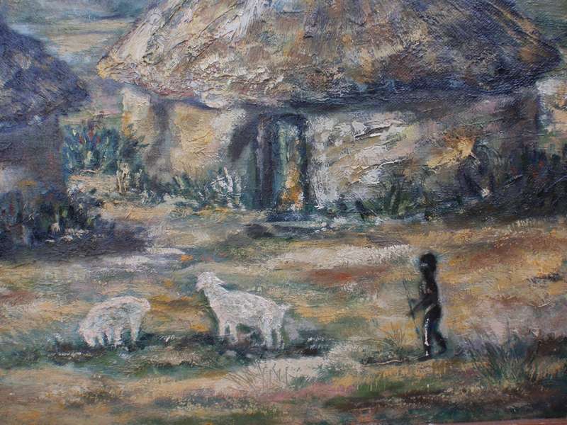 Vintage oil painting Valley of a Thousand Hills. Signed J.McEwan 1978. Kwa Zulu Natal African huts.