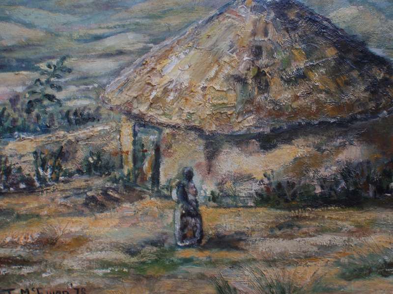 Vintage oil painting Valley of a Thousand Hills. Signed J.McEwan 1978. Kwa Zulu Natal African huts.