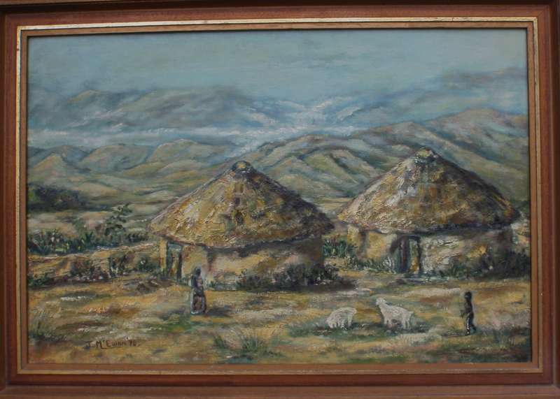 Vintage oil painting Valley of a Thousand Hills. Signed J.McEwan 1978. Kwa Zulu Natal African huts.