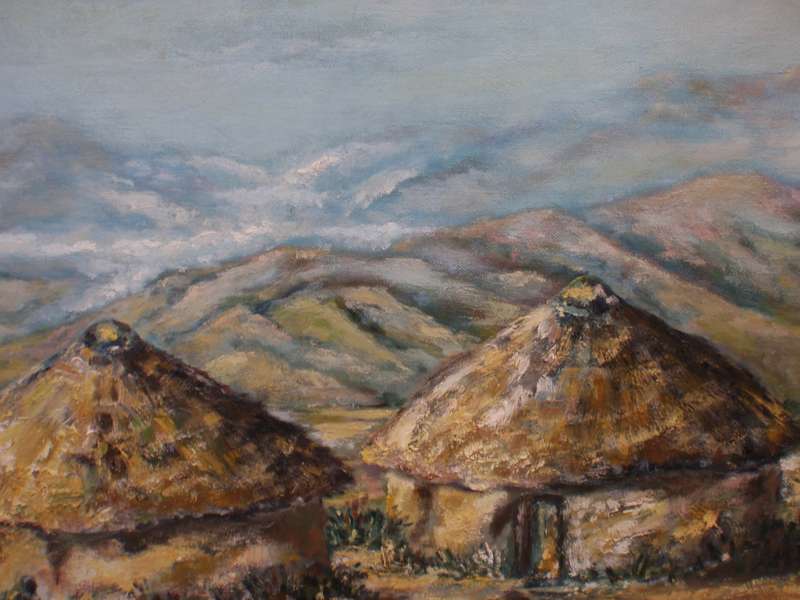 Vintage oil painting Valley of a Thousand Hills. Signed J.McEwan 1978. Kwa Zulu Natal African huts.