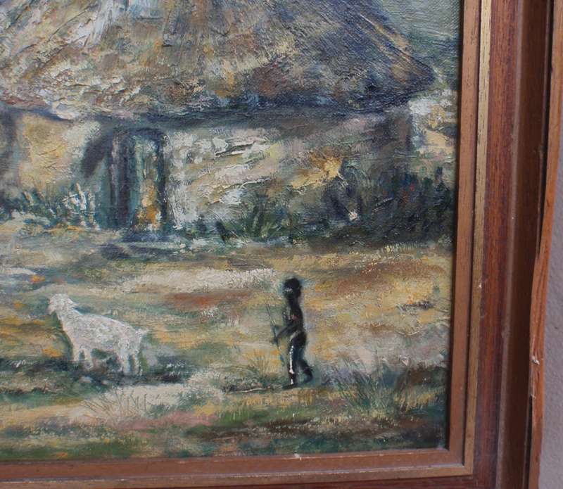 Vintage oil painting Valley of a Thousand Hills. Signed J.McEwan 1978. Kwa Zulu Natal African huts.