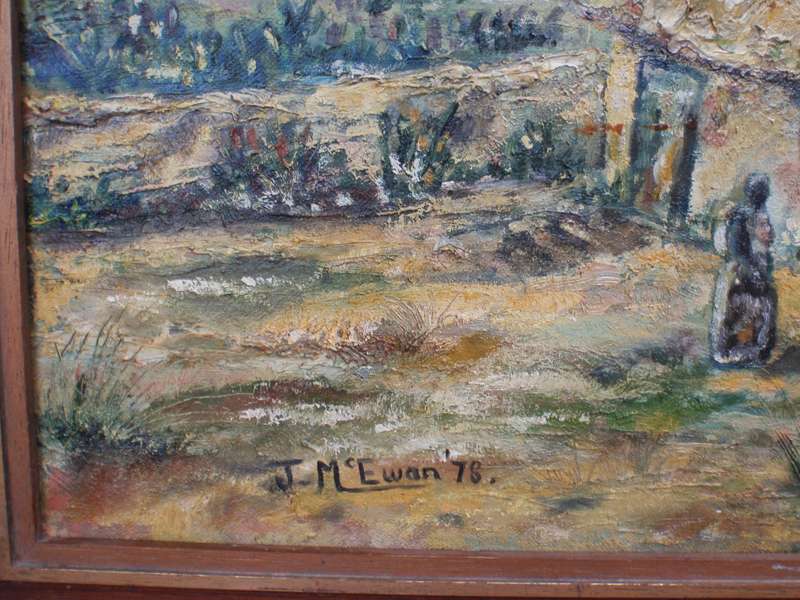 Vintage oil painting Valley of a Thousand Hills. Signed J.McEwan 1978. Kwa Zulu Natal African huts.