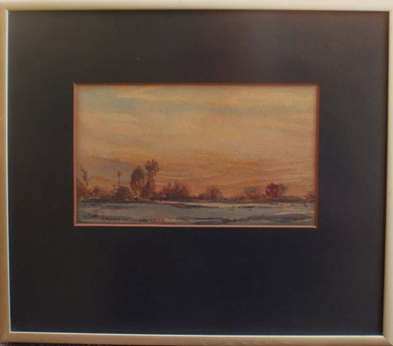 Vintage original watercolour Sunset Landscape. Beautifull minature. Signed and dated.