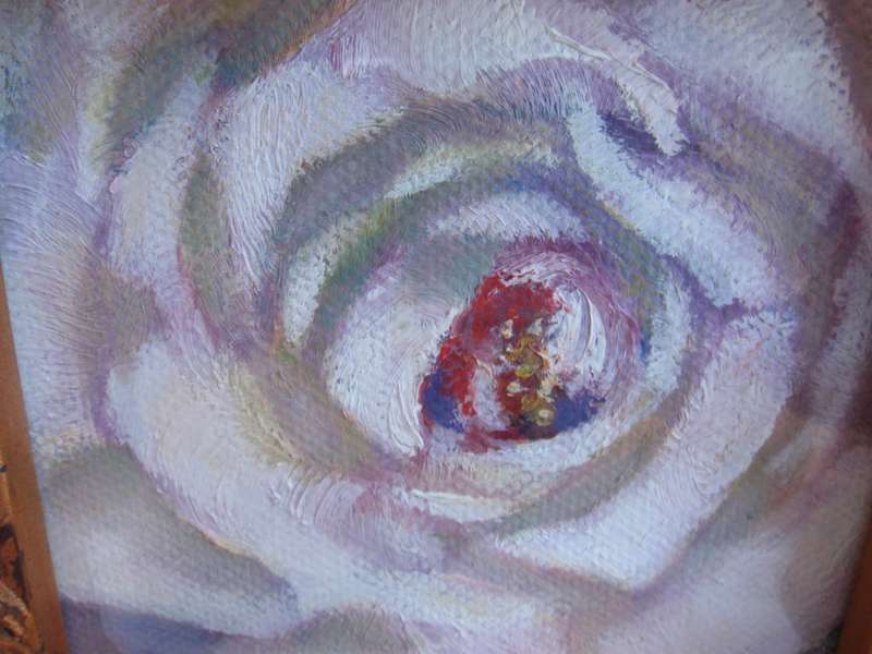 Exquisite little original by Arlene McDade. Single white rose in heavy ornate muted gold frame.