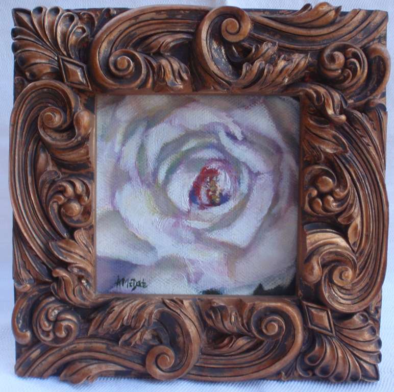 Exquisite little original by Arlene McDade. Single white rose in heavy ornate muted gold frame.