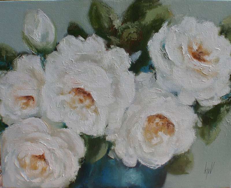 Original Karin Janse van Vuuren oil painting on stretched canvas. Pure glamour - Iceberg Roses.