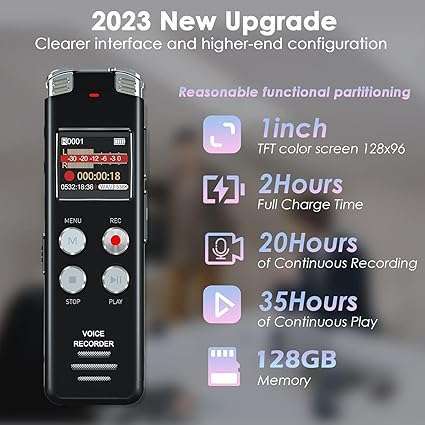 128GB Digital Voice Recorder  - EVISTR L357 USB Rechargeable Dictaphone | Dictation Machine with MP3