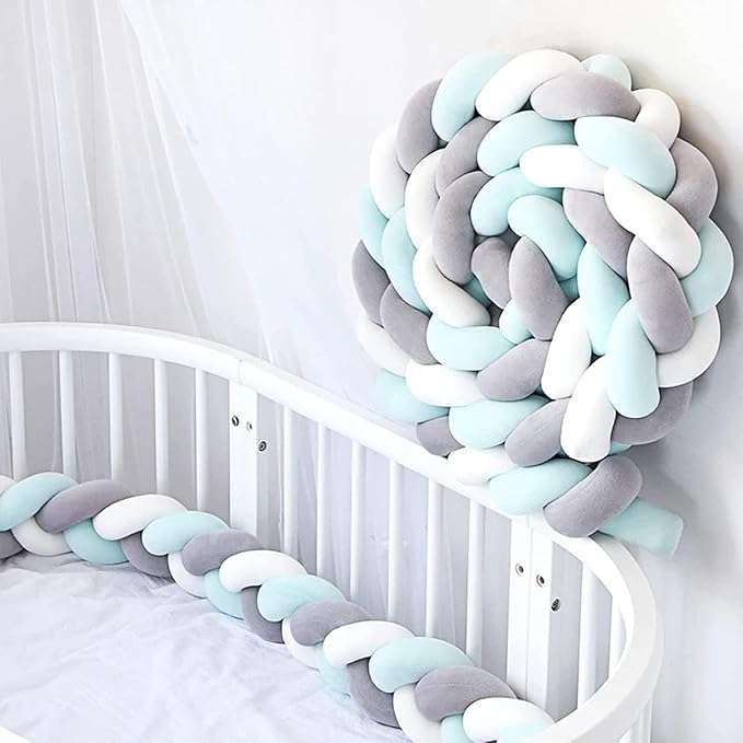 Long Knot Pillow Cushion, Nursery Bedding Cot, Room Decor (200CM, Grey-white-mint)