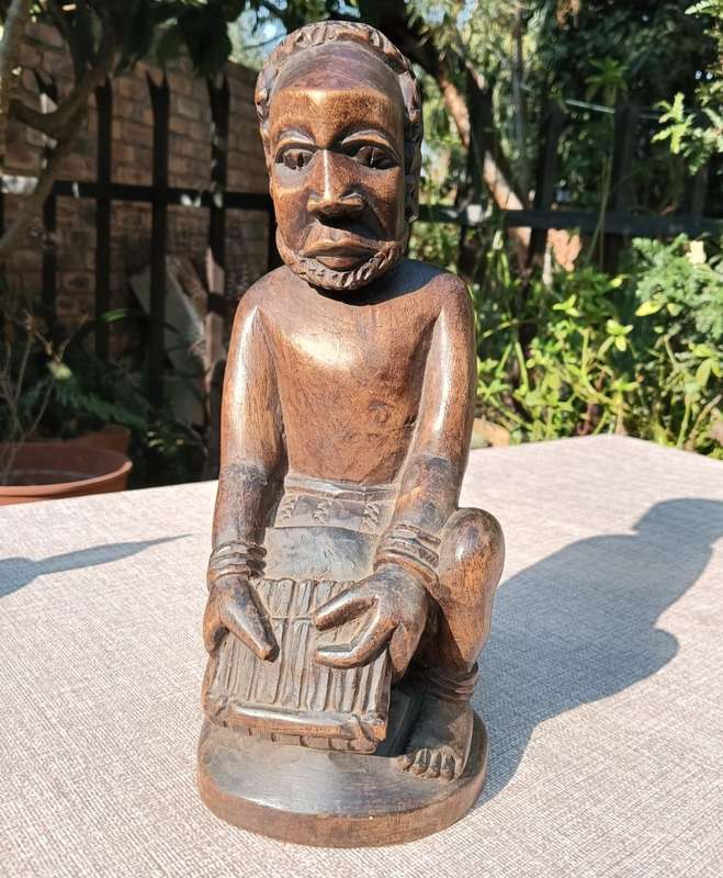 Hand Carved Wooden Sculpture African Man Playing his Mbira or Thumb Piano Large 29cm High