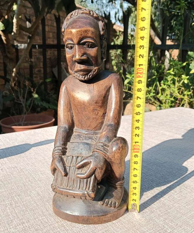 Hand Carved Wooden Sculpture African Man Playing his Mbira or Thumb Piano Large 29cm High