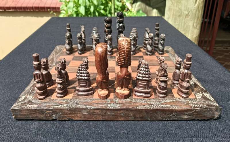African Hand Carved Wooden Chess Set with Lion King and Queen
