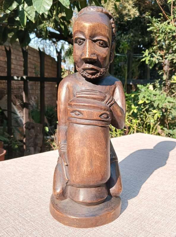 Hand Carved Wooden Sculpture African Man Playing Drum