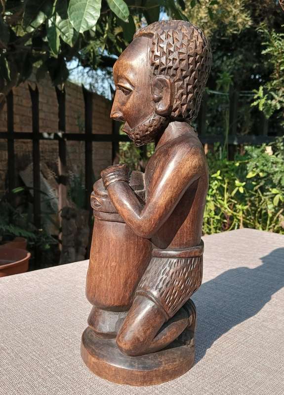 Hand Carved Wooden Sculpture African Man Playing Drum