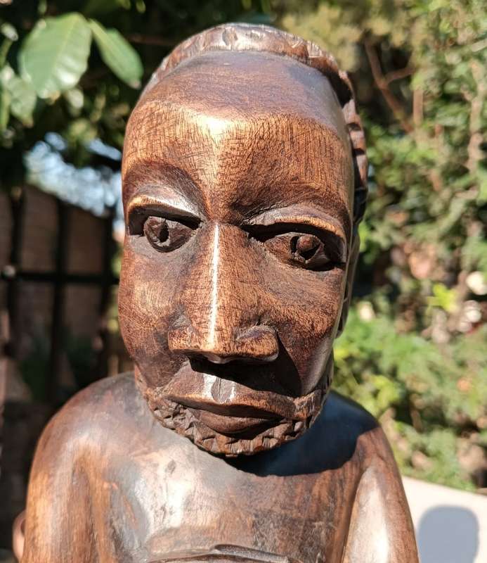 Hand Carved Wooden Sculpture African Man Playing Drum