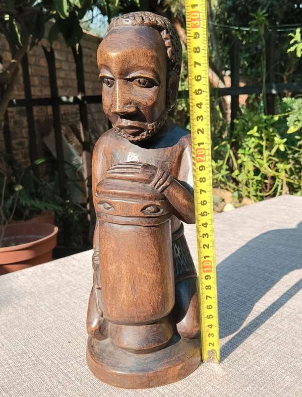 Hand Carved Wooden Sculpture African Man Playing Drum