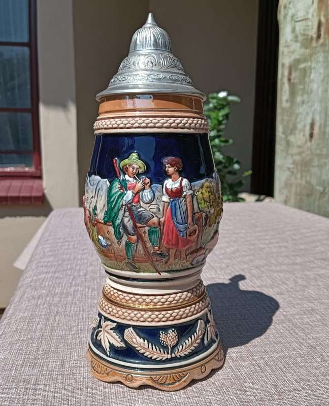 Vintage 1950s Albert Thewalt Germany Stoneware Lidded Beer Stein 1198 Country Scene Mould