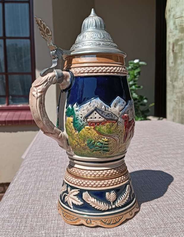 Vintage 1950s Albert Thewalt Germany Stoneware Lidded Beer Stein 1198 Country Scene Mould