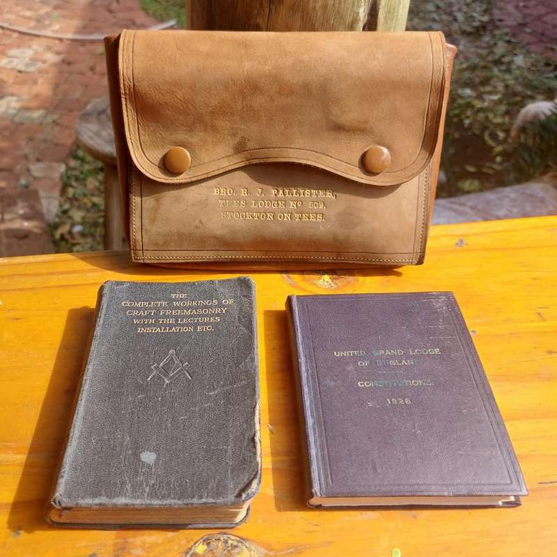 Two Antique (1919 and 1926) Freemason Books in Soft Vellum Carry Bag