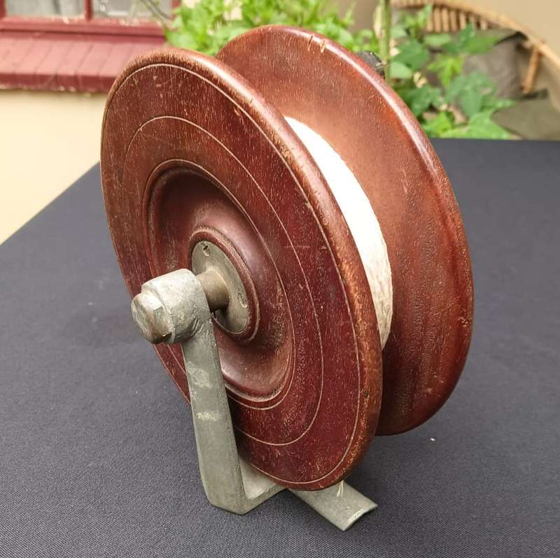 Cool 1920s Spearback Nottingham Wooden Fishing Reel with Two Handles and Cotton Cord Line