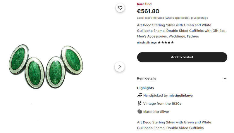 Art Deco Sterling Silver Lion Hallmarked Green and White Guilloche Enamel Cuff Link