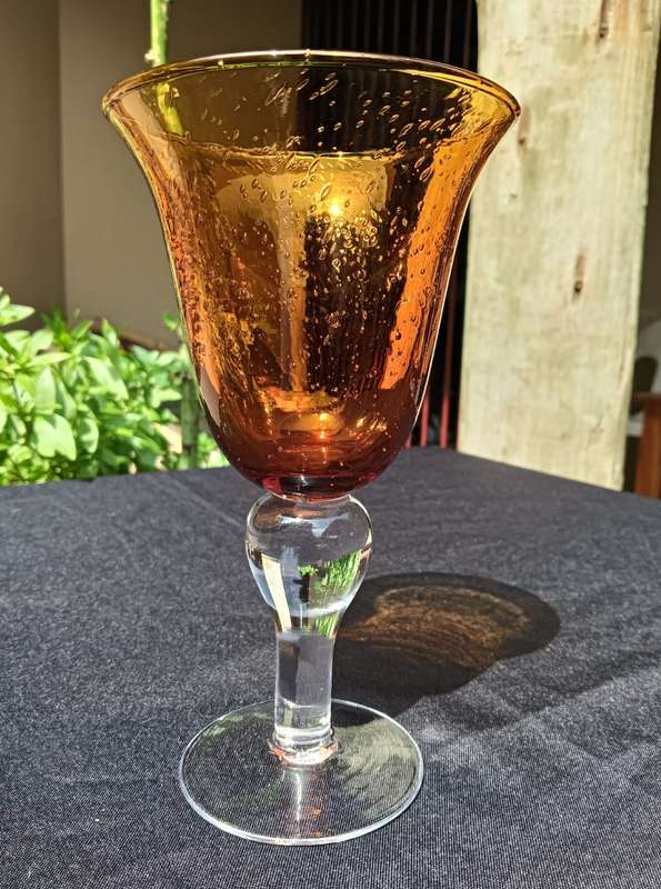 Three 21cm High Iris Amber Artland Mexico Bubble Glass Goblets Hand Blown