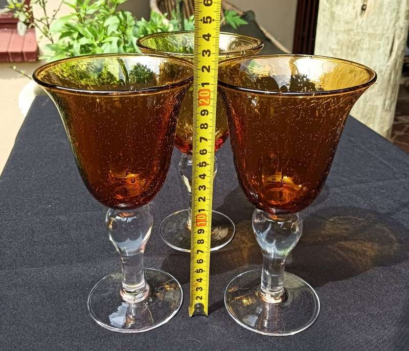 Three 21cm High Iris Amber Artland Mexico Bubble Glass Goblets Hand Blown