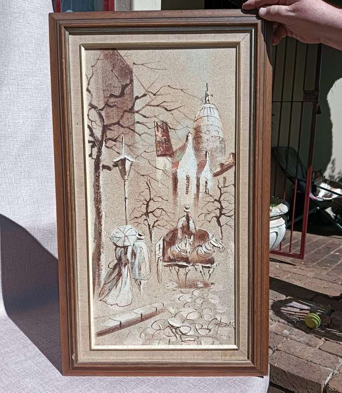 BORIS CHEZAR! (1913-2008) SIGNED ORIGINAL SAND OIL IMPRESSIONIST PAINTING PARIS HORSECART COBBLE STR