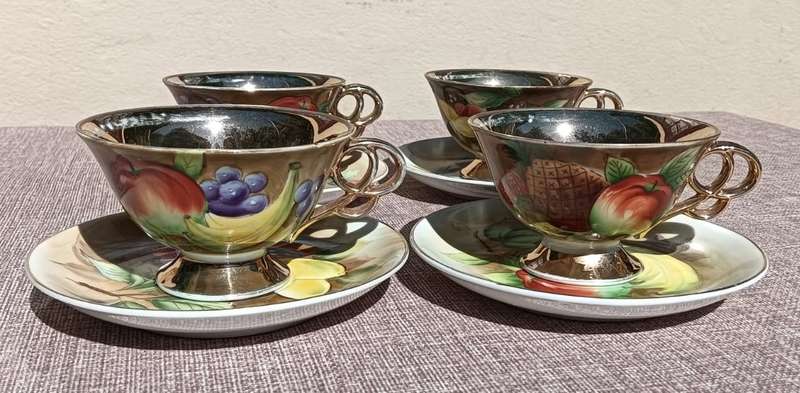 Four Vintage Italian Balboa Fruit Design Gold Gilded Porcelain Duos Handmade and Hand Painted