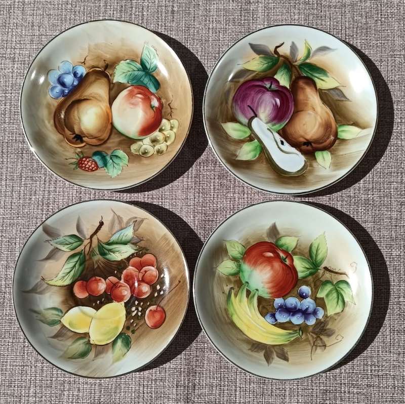 Four Vintage Italian Balboa Fruit Design Gold Gilded Porcelain Duos Handmade and Hand Painted