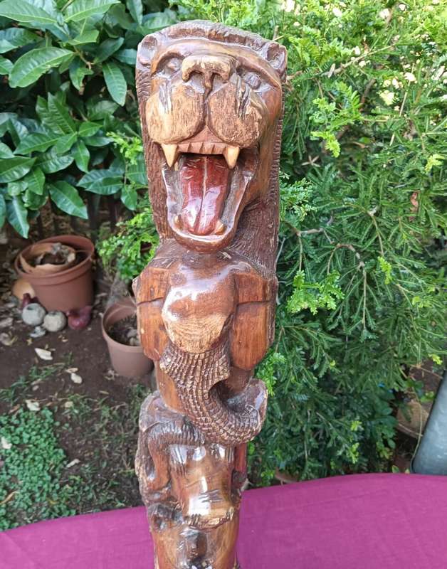 MAGNIFICENT BIG FIVE HAND CARVED WOODEN TOTEM POLE 1M HIGH WITH LION ELEPHANT BUFFALO RHINO LEOPARD