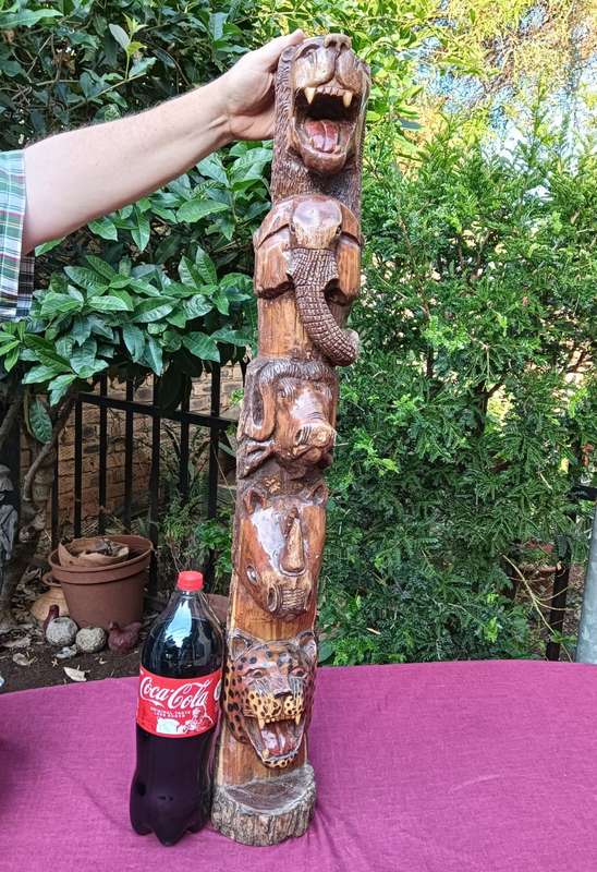 MAGNIFICENT BIG FIVE HAND CARVED WOODEN TOTEM POLE 1M HIGH WITH LION ELEPHANT BUFFALO RHINO LEOPARD