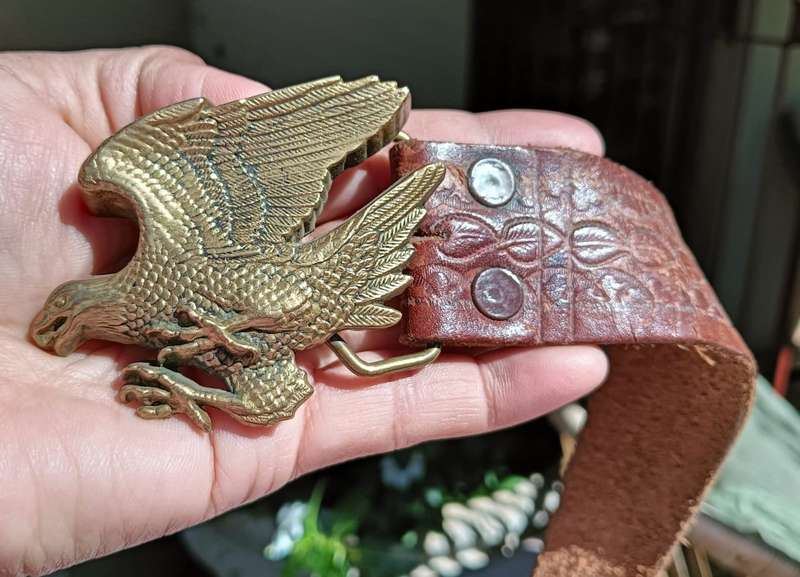 Vintage 1978 Baron Brass Belt Buckle American Eagle Collectors Biker Buckle on 100cm Leather Belt