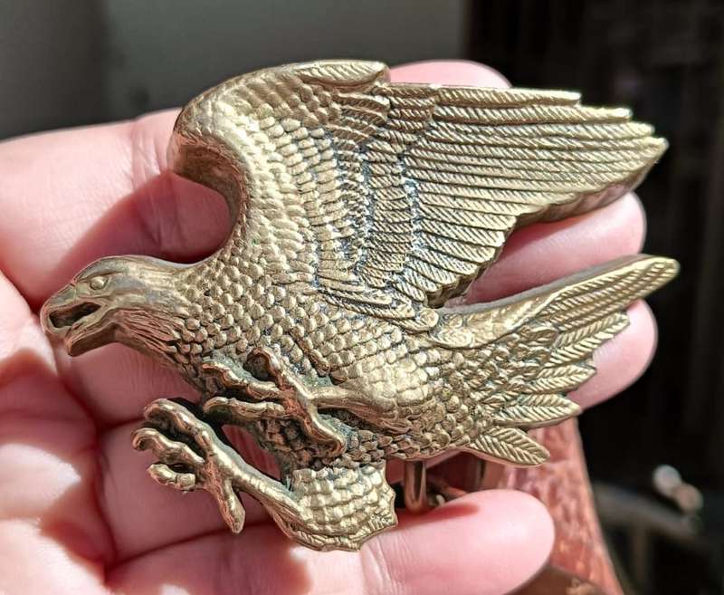 Vintage 1978 Baron Brass Belt Buckle American Eagle Collectors Biker Buckle on 100cm Leather Belt